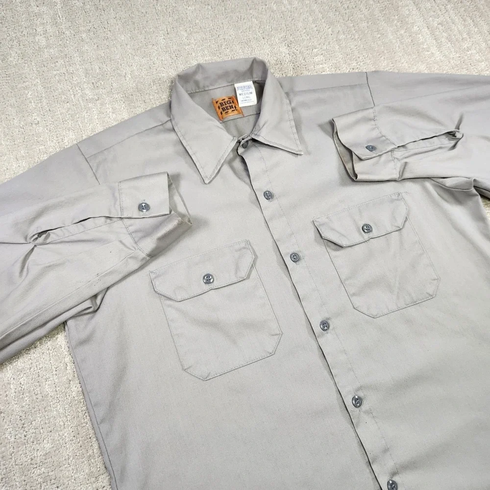 Vintage 70s Big Ben Shirt Men Medium Long Button Up USA Made Work Pocket‎ Gray